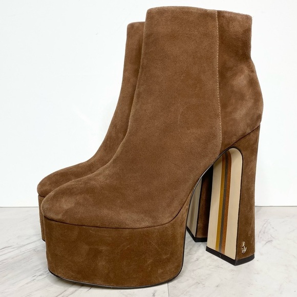 Sam Edelman Eli Platform Heeled Brown Suede Bootie 8 1/2 M - Picture 1 of 15